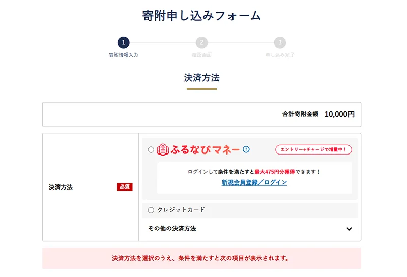 決済情報をご入力ください。※決済方法を選択のうえ、条件を満たすと次の項目が表示されます。